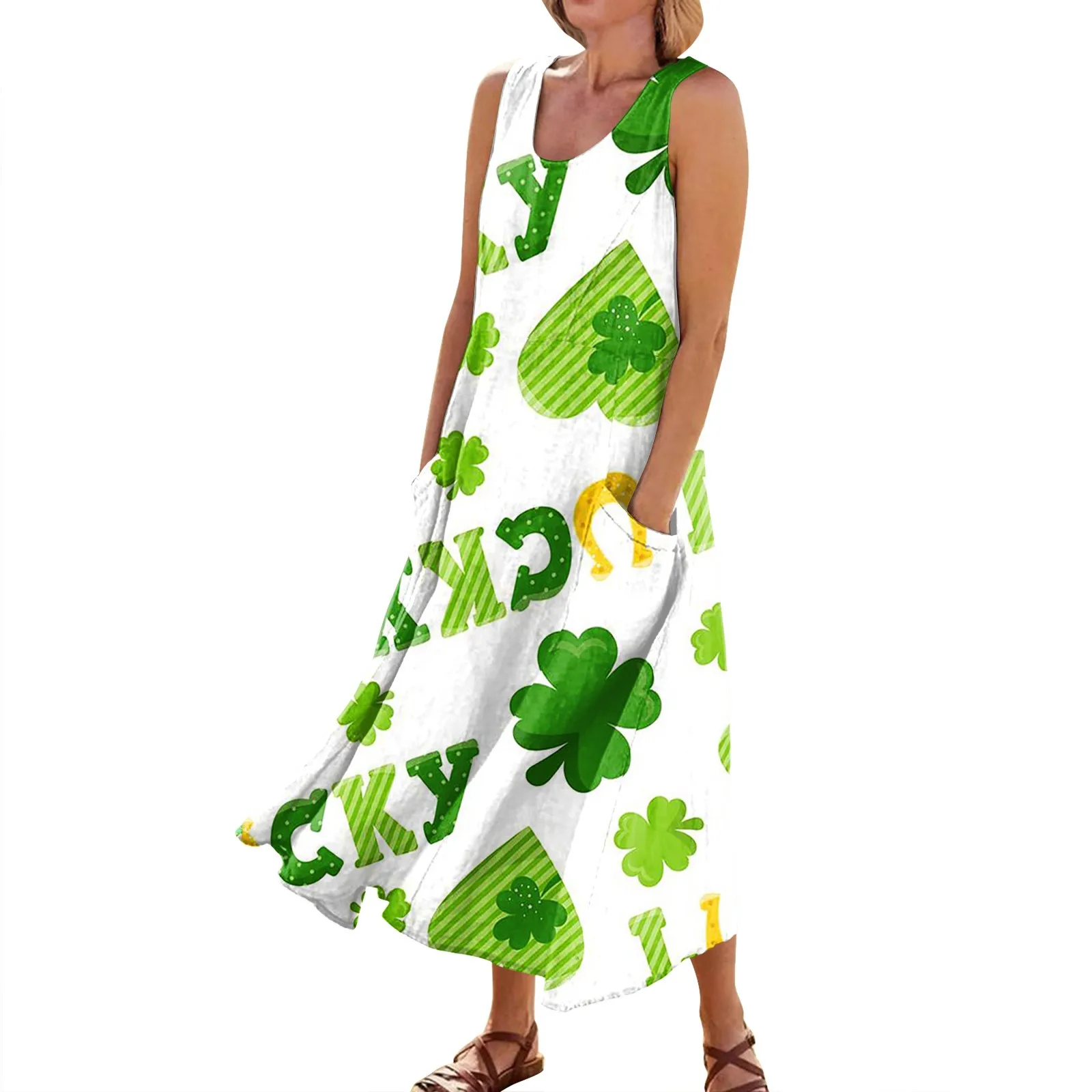 Happy St. Patricks Day Słodka Elegancka Sukienka Damska Bez Rękawów Z Dekoltem W Szpic Zielona Koniczyna Sukienka Z Nadrukiem Z Kieszenią