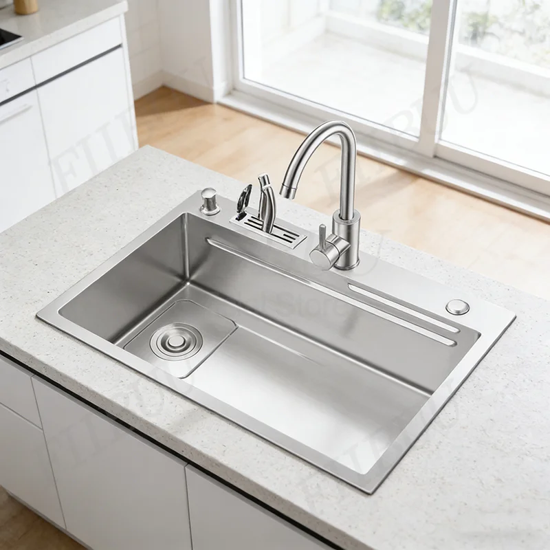 ขนาดใหญ่ความจุ 304 อ่างล้างจานสแตนเลสมัลติฟังก์ชั่ชามเดียวผัก Workstation ล้าง/ตัด/ท่อระบายน้ําในหนึ่งชุดเต็ม 1