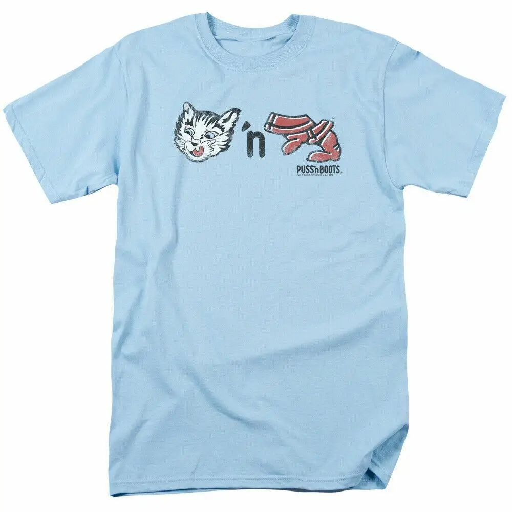 Puss N Boots Rebus Logo T Shirt Mens License Cat Food Treats Pet Azzurro