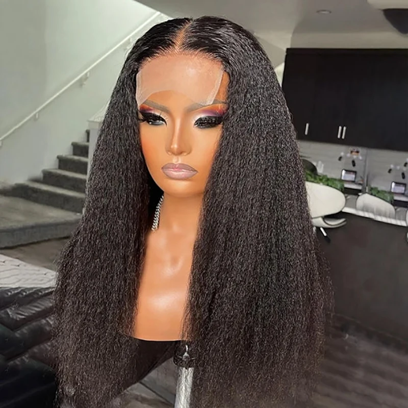 

Long Natural Black Yaki 26inches 200Density Kinky Straight Lace Front Wig For Women Babyhair Preplucked Daily