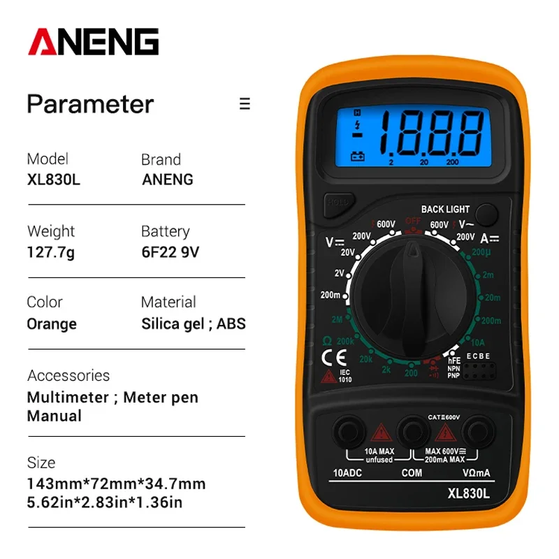 Handheld Digital Multimeter LCD Backlight Portable AC/DC Ammeter Voltmeter Ohm Voltage Tester Meter Multimetro ANENG XL830L