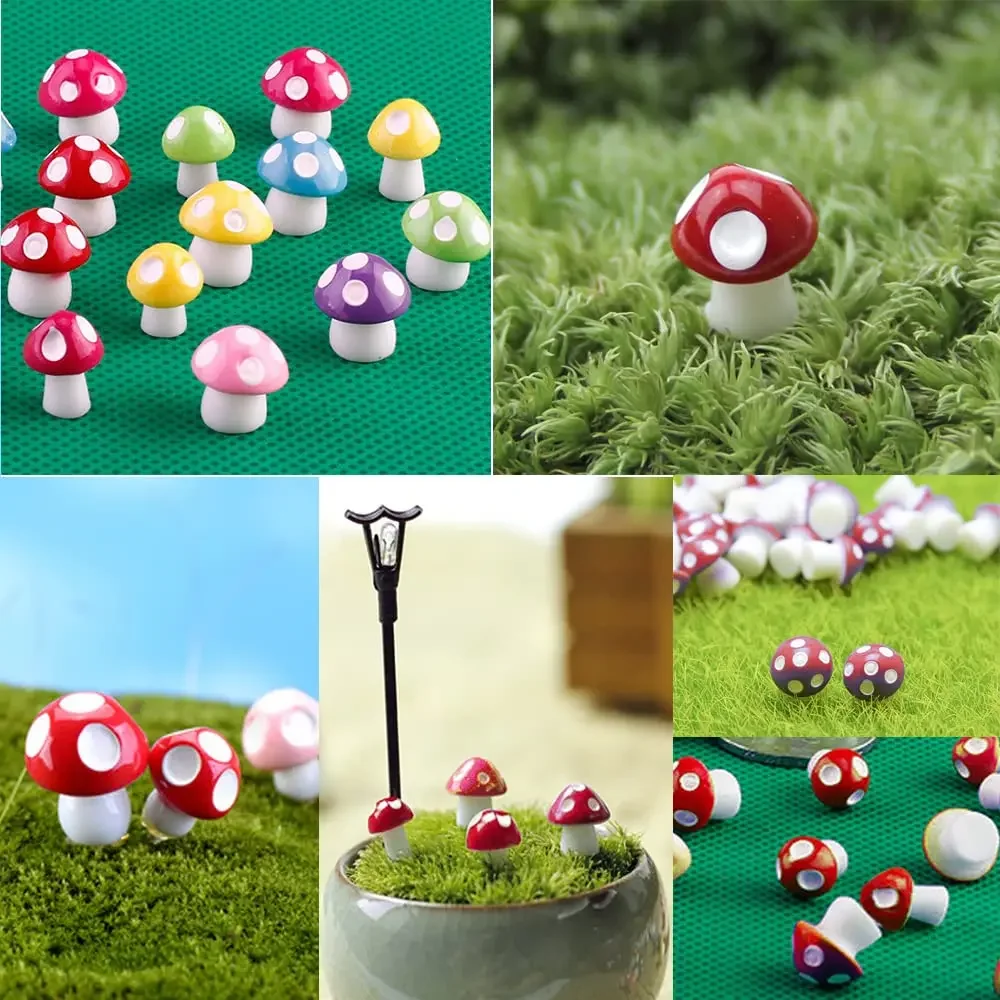 50PCS Colorful Tiny Mushrooms Miniature Figurines Ornament Fairy Garden Moss Landscape Ornaments for Outdoor Decoration