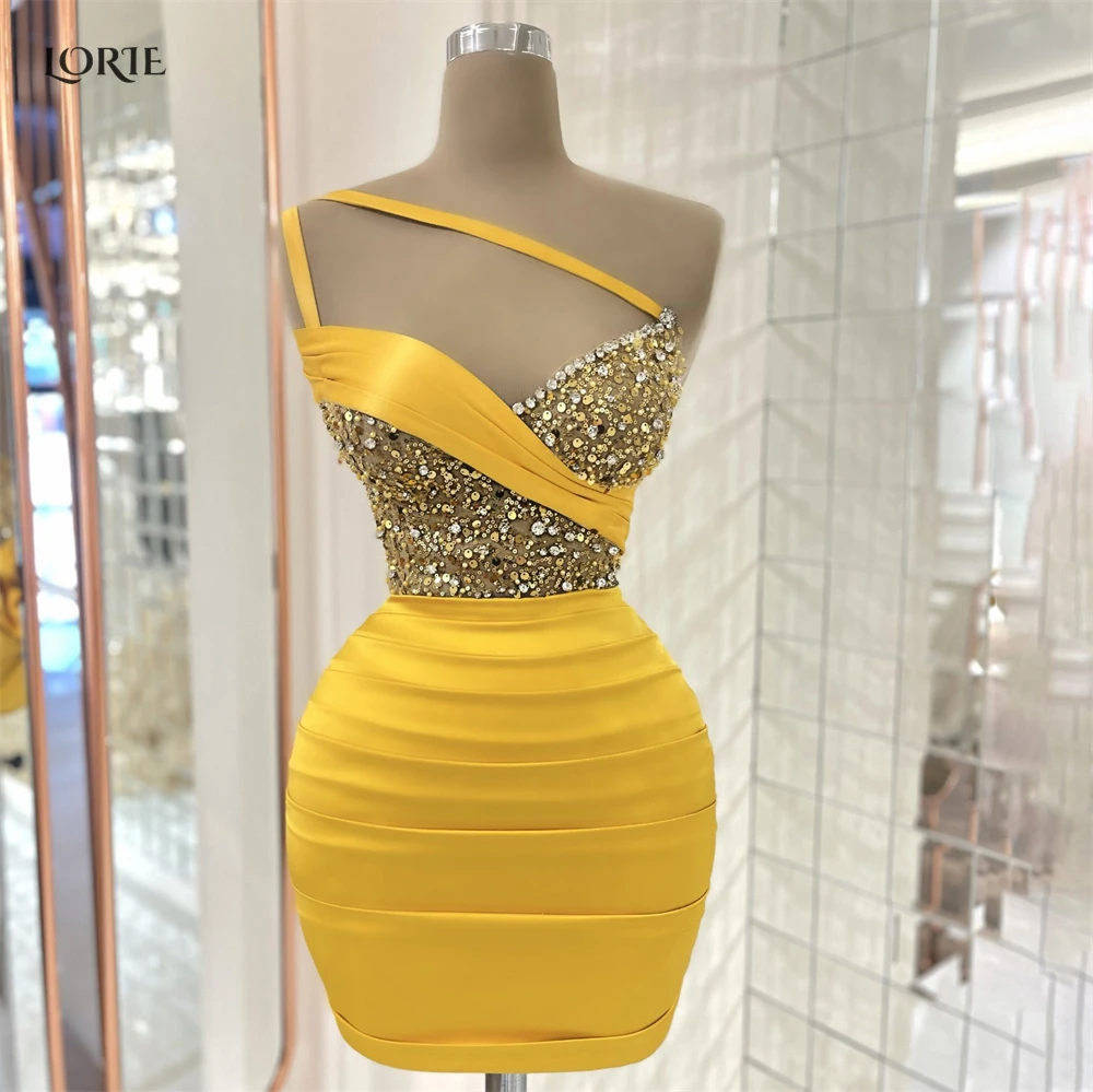 

LORIE Yellow Cocktail Party Gowns One Shoulder Beadings Crystals Mini Pleated Prom Dresses Saudi Arabia Dubai Clubbing Dress
