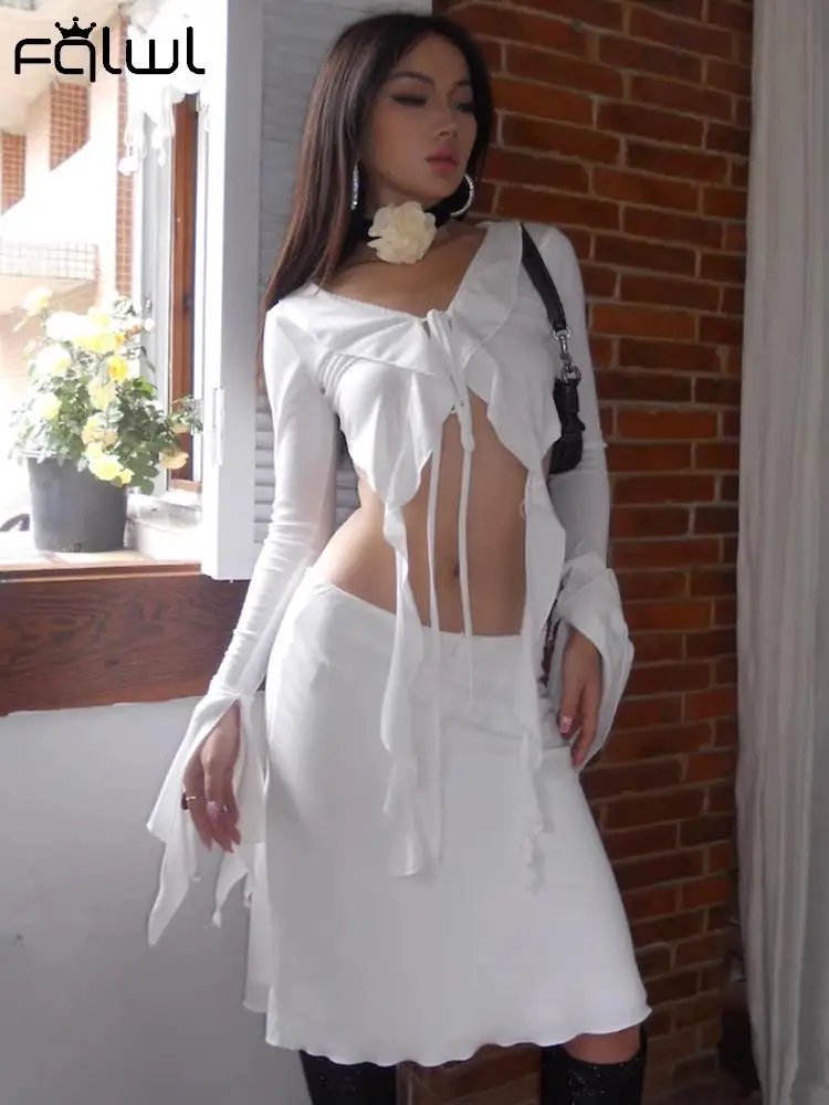 

Habbris White Sexy Tassels Bandage 2Two Piece Skirt Set For Women 2023 Long Sleeve Falbala Crop Top Midi Skirt Set Bodycon Suit