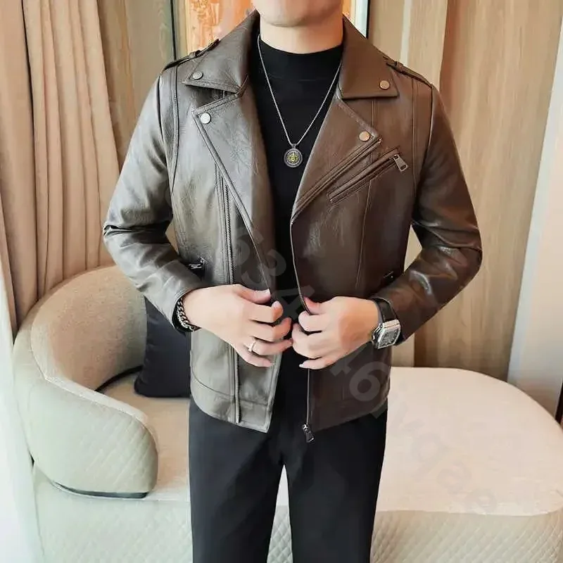 남성용 오토바이 라이딩 고품질 인조 가죽 재킷 빈티지 사선 지퍼 슬림 아우터 남성 가을 겨울 PU 코트