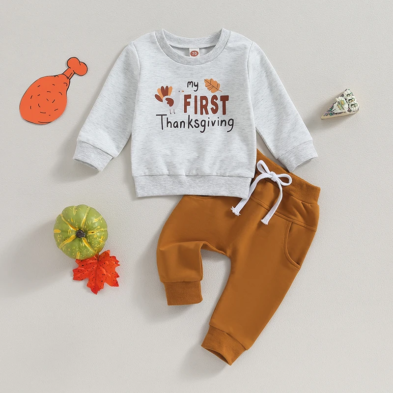 

Thanksgiving Baby Boy Outfit Letter Turkey Print Long Sleeve Sweatshirt and Pants Infant Girl Clothes Fall Winter