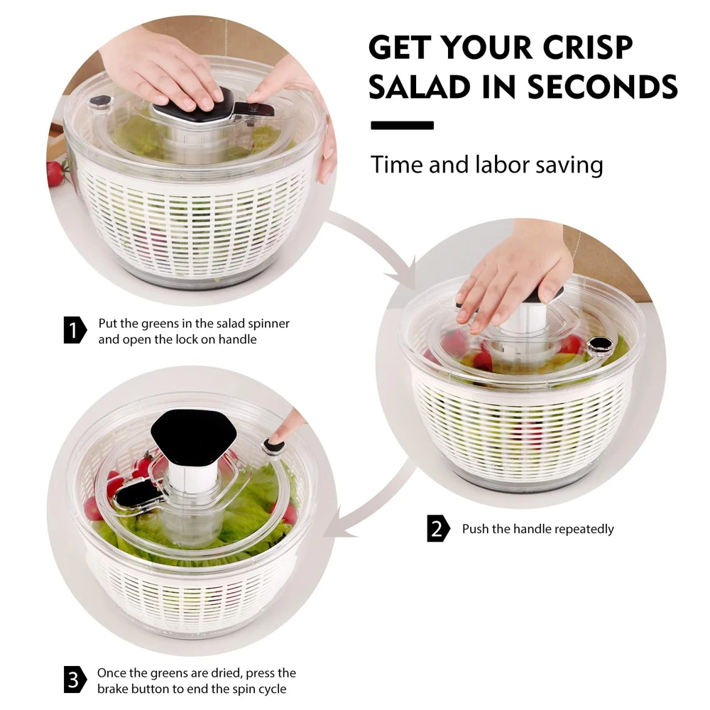 Salad Spinner Lettuce Dryer, One-handed Press Large Salad Mixer with Comfortable and Retractable Pusher and Brake Button,6.3 QT