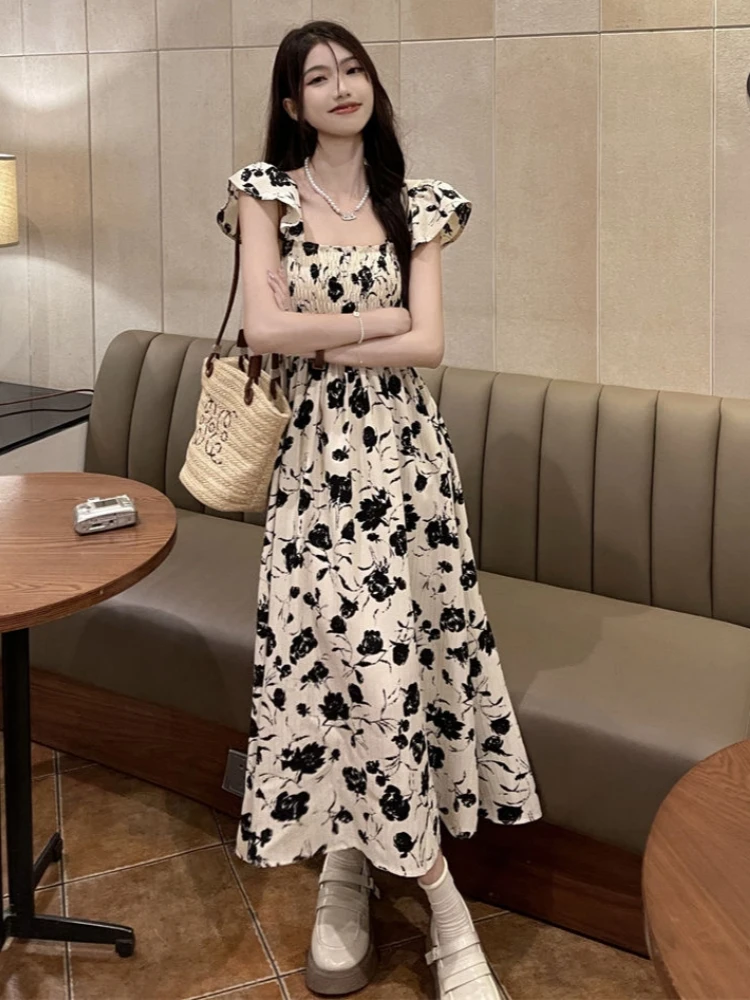 

Women Clothing Floral Print Long Summer Dresses Fashion New Casual Square Collar Folds Flying Sleeve Dress A-Line Femme Vestidos
