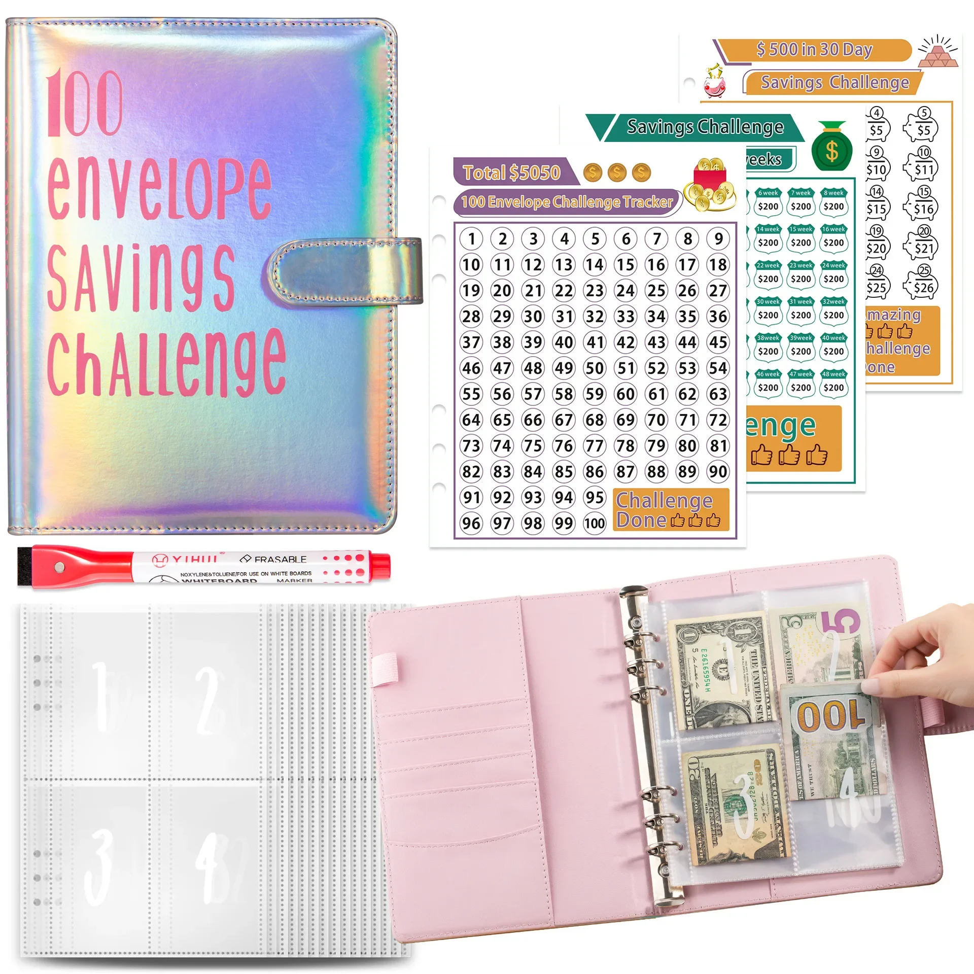 2024 New100 Envelope Savings Challenge Laser A5 Loose-Leaf Binder Budget Binder With Cash Envelopes Money Organizer System 2