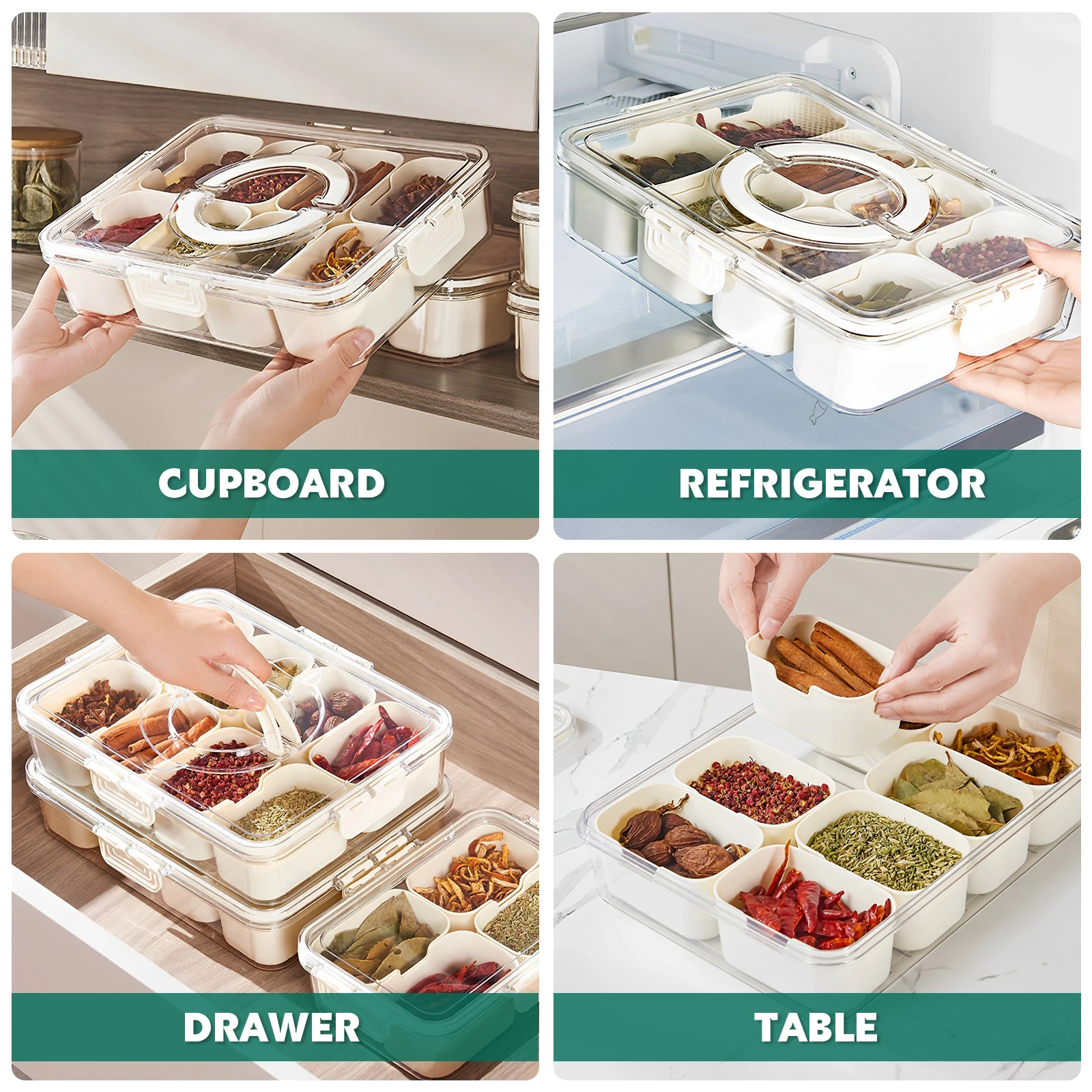 Plastic Dinnerware Divided Serving Tray with Lid and Handle Portable Snack Platters Organizer with 8 Compartments Reusable Appetizer Tray