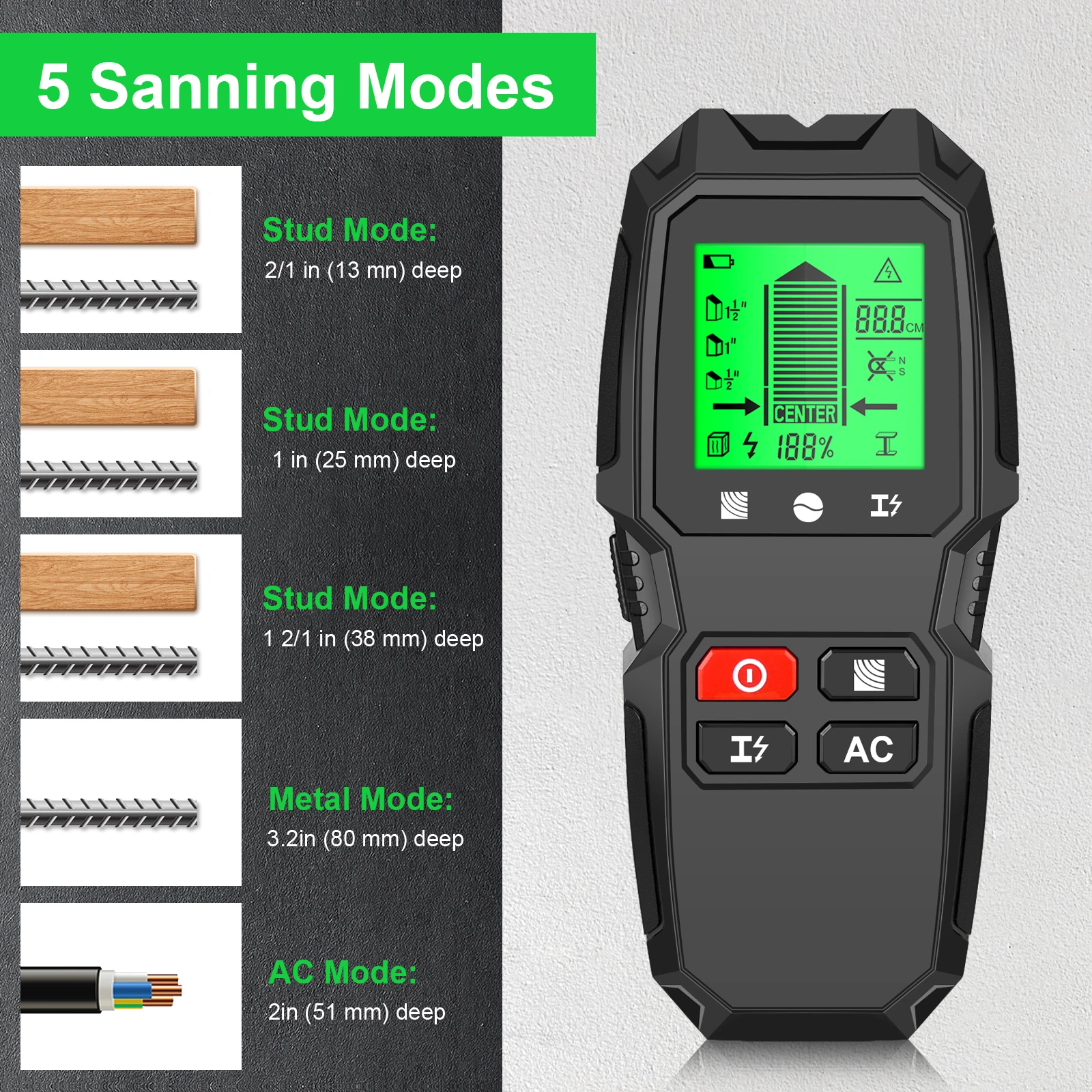 Wall stud finder sensor 5 in 1 LCD electronic detector edge center wood current metal AC live wire detection