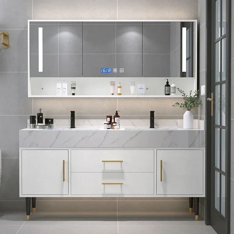 Household Bathroom cabinet Furniture Washstand Basin Wash Mirror Cabinet Rock Plate Double Bathroom Combination Modern Simple