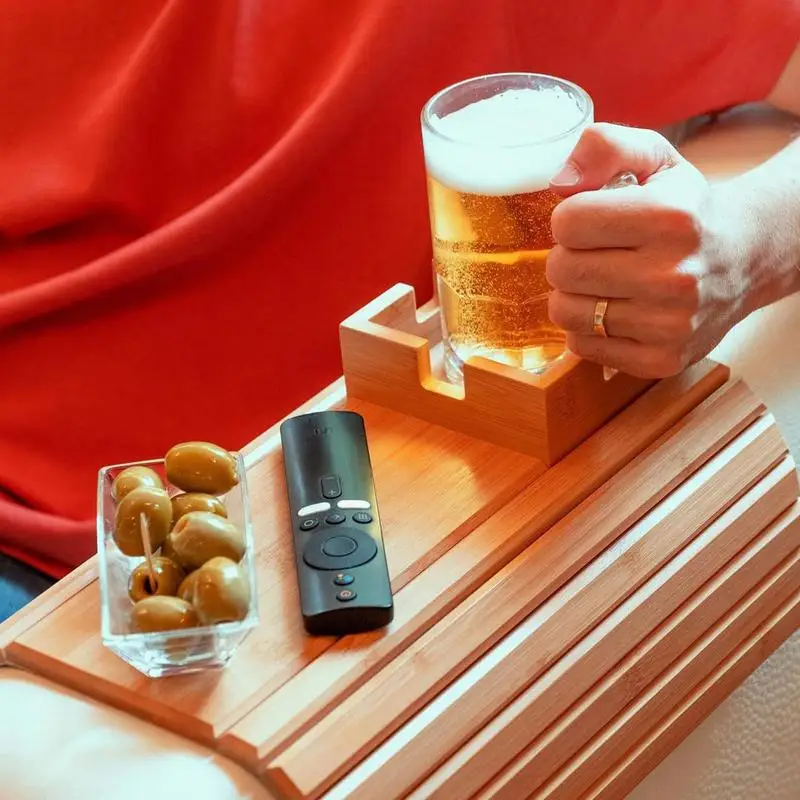 Couch Cup Holder Bamboo Wood Sofa Armrest Tray Foldable Sofa Cup Holder Anti-Slip Couch Arm Cup Holder Sofa Side Storage Tray 2