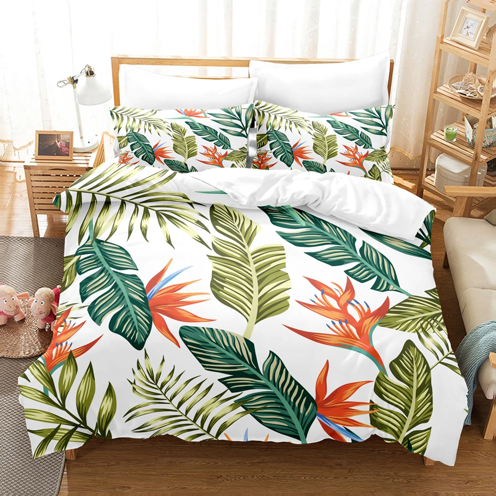 Tropical Palmtree Leaves Bedding Set Simple Quilt Cover Comforter Bed Linen Pillowcase 2/3pcs King Queen Size