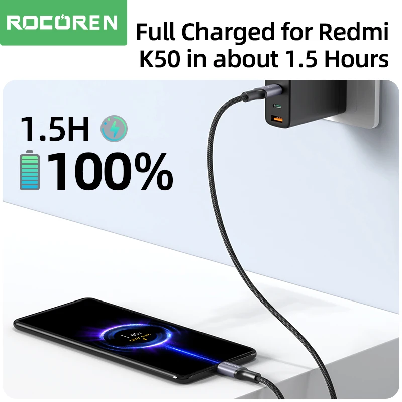 Rocoren 100W USB Type C To USB C Cable 2m PD Fast Charging Charger Wire Cord For Macbook Samsung Xiaomi Type-C USBC Cable 5A Best Sellers In Phones Accessories
