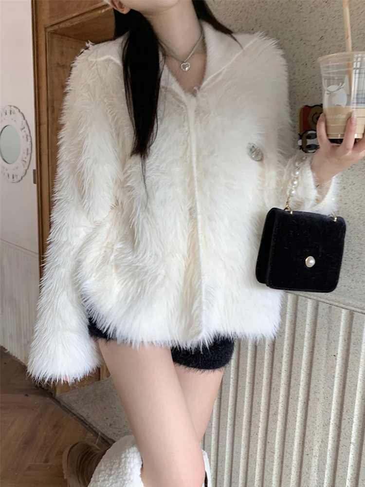 

Solid Color Faux Fur Top for Women 2000s Long Sleeve 2023 Winter Korean Fashion Knited Cardigan Loose Button Coat Clothing