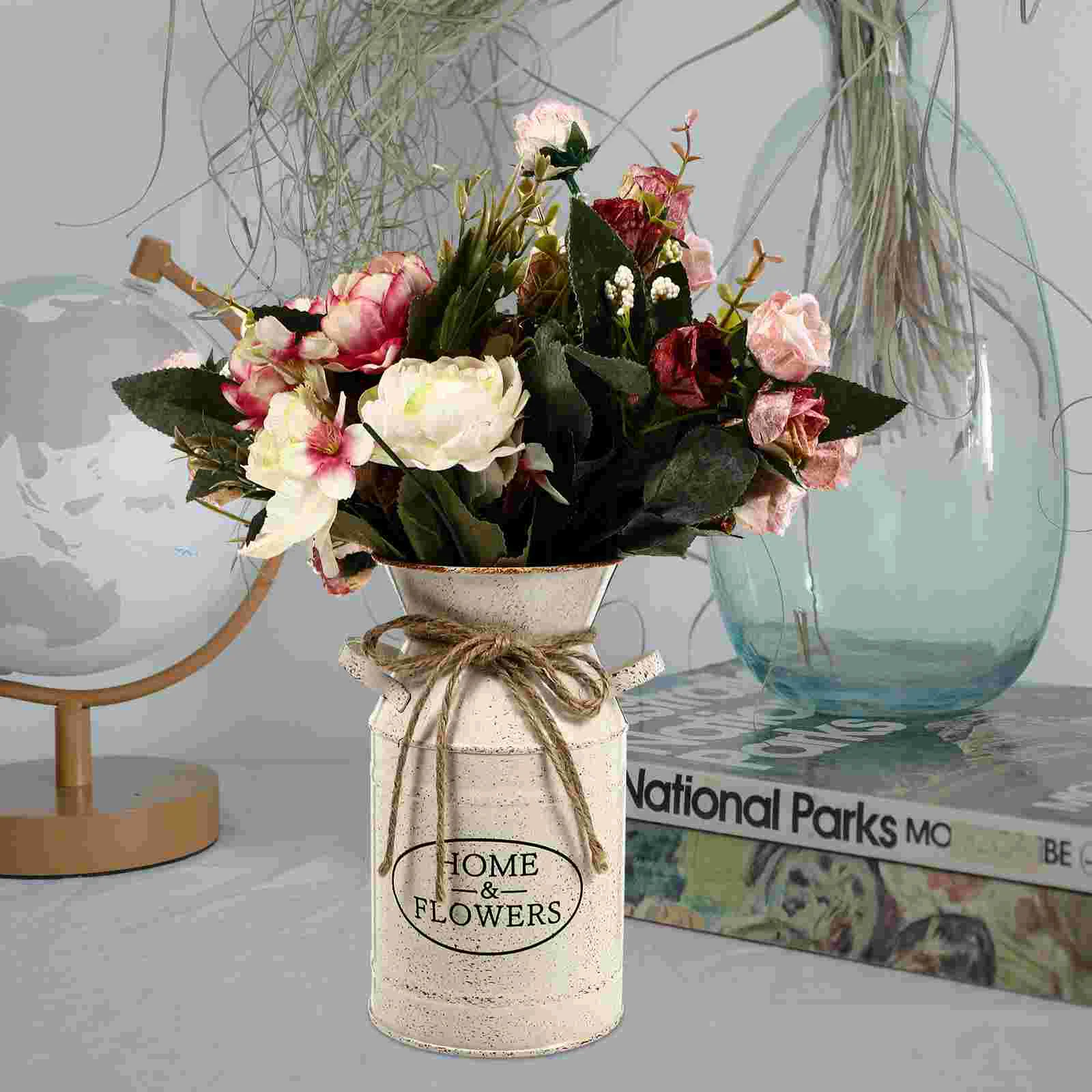

Vintage Metal Flower Vase Galvanized Milk Can Shabby Chic Flower Bucket Farmhouse Plant Pot Handle Flower Arrangement Barrel