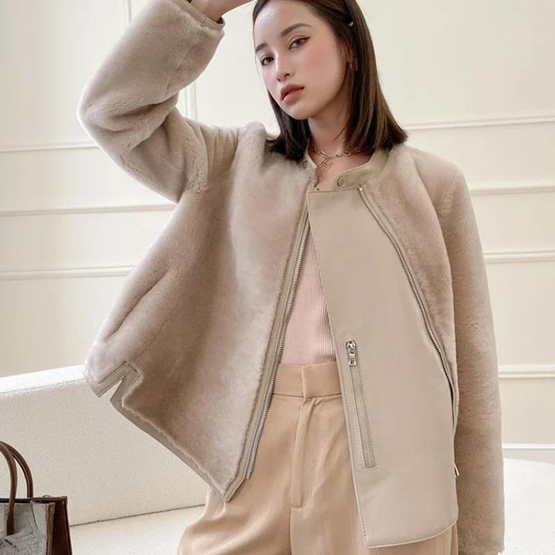 

Real Sheep Fur Coat Women 2023 New Natural Wool Fur Coats and Jackets Stand Collar Genuine Leather Jacket Short Fur Casaco SGG