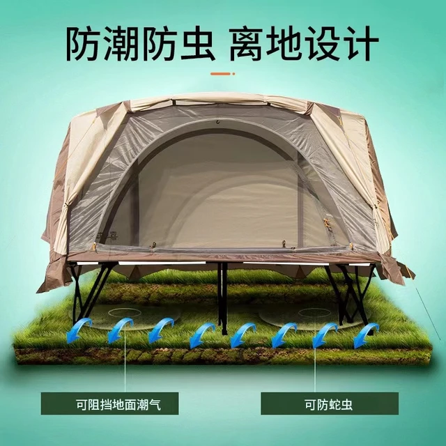 Tente surélevée 2 personnes avec lit de camp, matelas et sacs