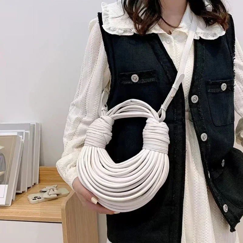 Womens leather handbag Handwoven Noodle Rope Knotted Pulled Hobo Evening Clutch