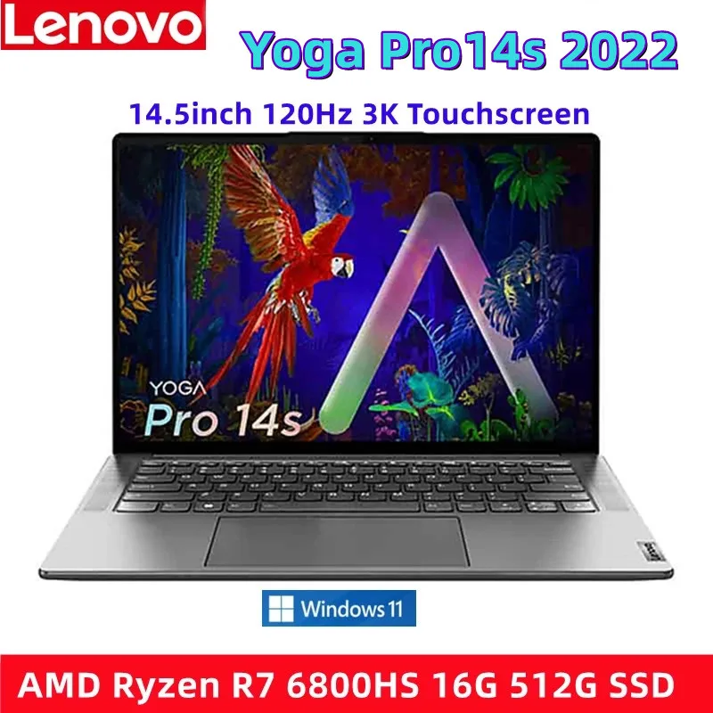 Lenovo-Yoga Pro 14s 2022 노트북, AMD Ryzen R7 6800HS 16GB 512GB SSD 14.5 인치 120Hz 3K 터치 스크린 슬림 그레이