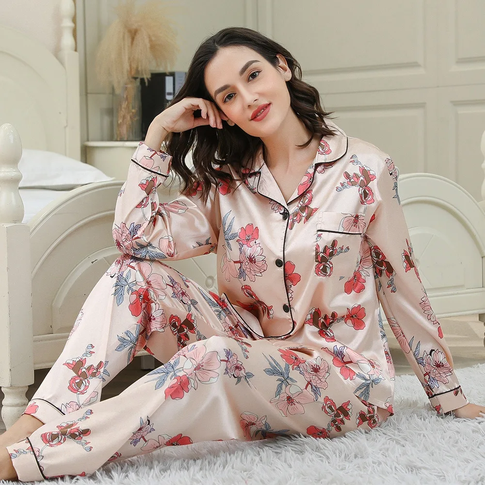 Women's Long Sleeved Long Pants Pajama Set with Simulated Silk Satin Surface Home Clothing, Satin and Floral Prints