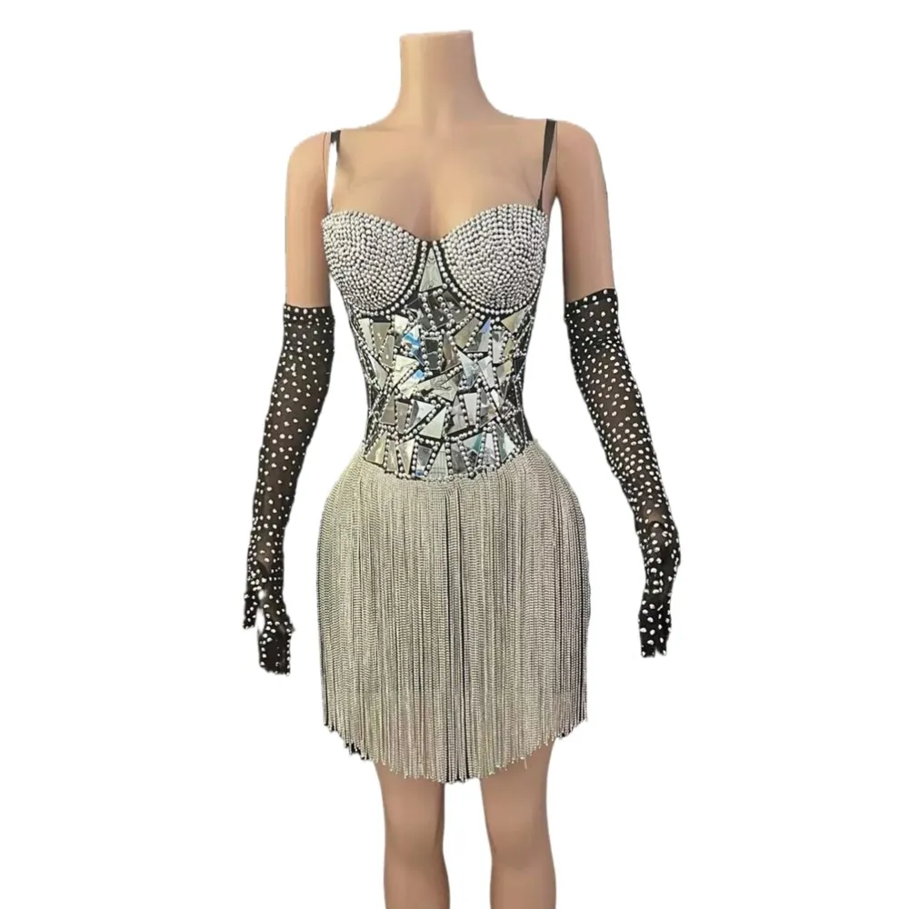 

Dress Black Super Flash Silver Diamond Lens Luxury Diamond Chain Bags Hip Skirt gogo European and American Dance Company Female