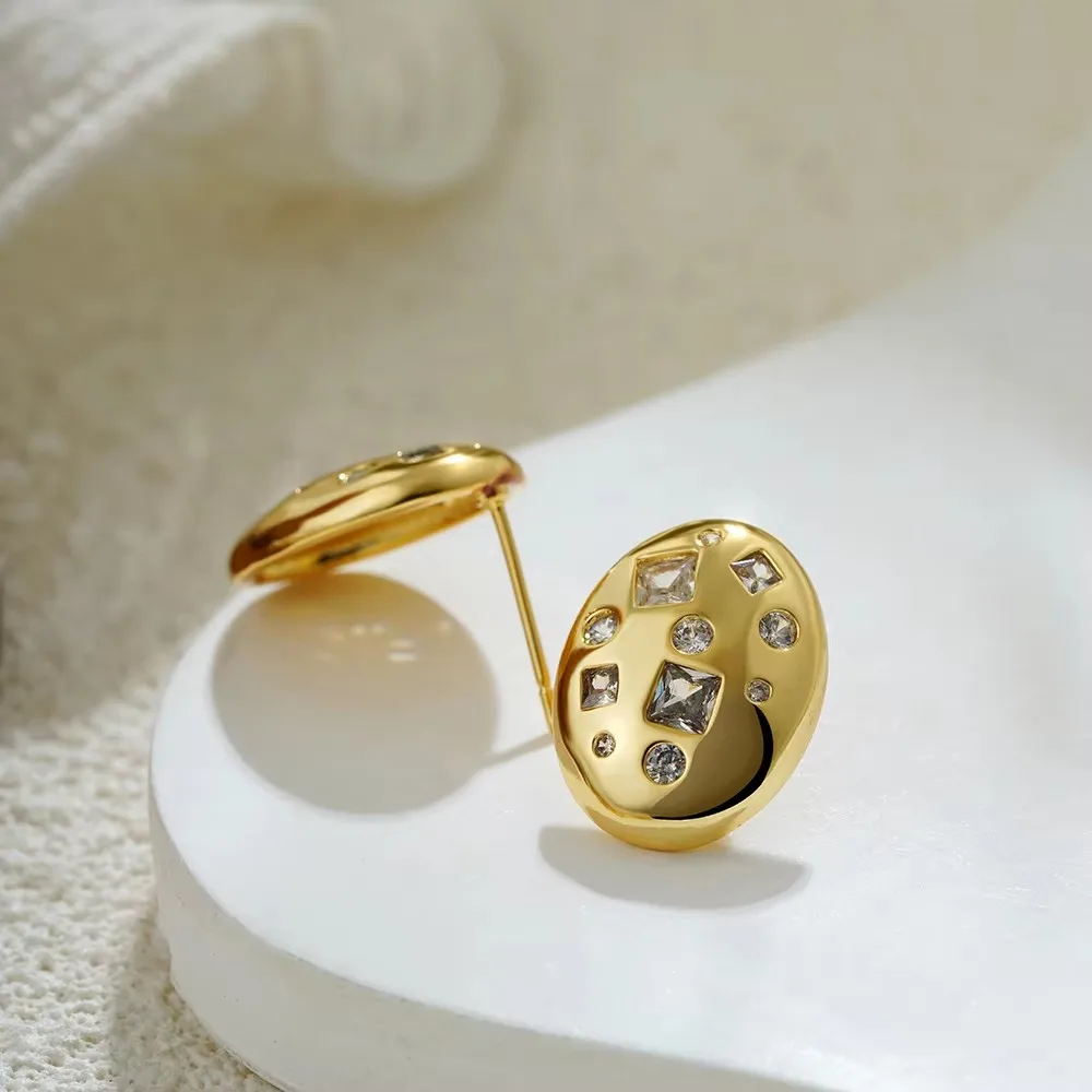 Fashion Geometric Oval Stud Earrings for Women Inlaid Cubic Zirconia White Crystal Chunky Pendant Necklace Choker Party Jewelry