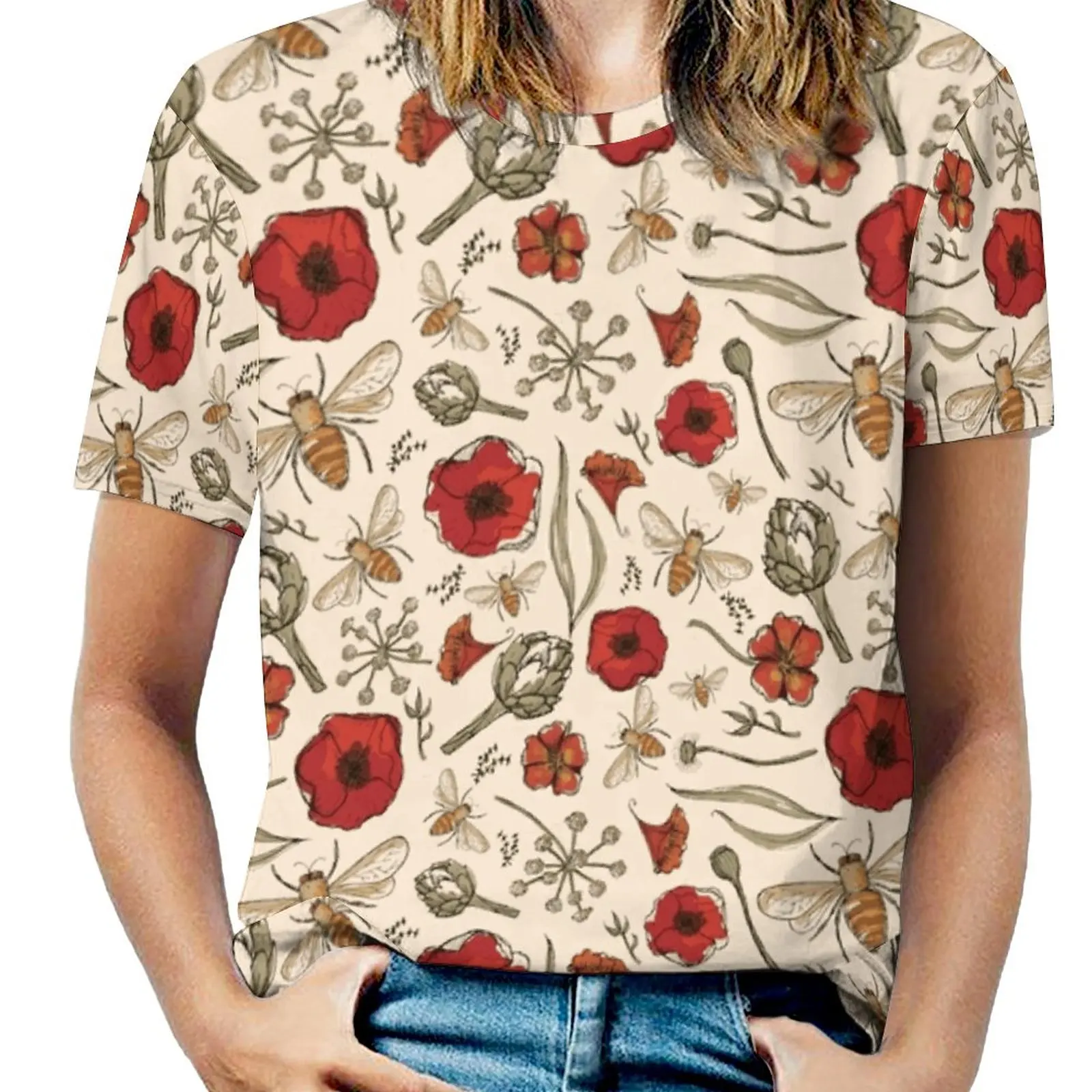 Api T-Shirt Donna Girocollo Casual Manica Corta Top Estate Tees Bee Honey Hive Bumble Bee Poppies Carciofo Organico Naturale