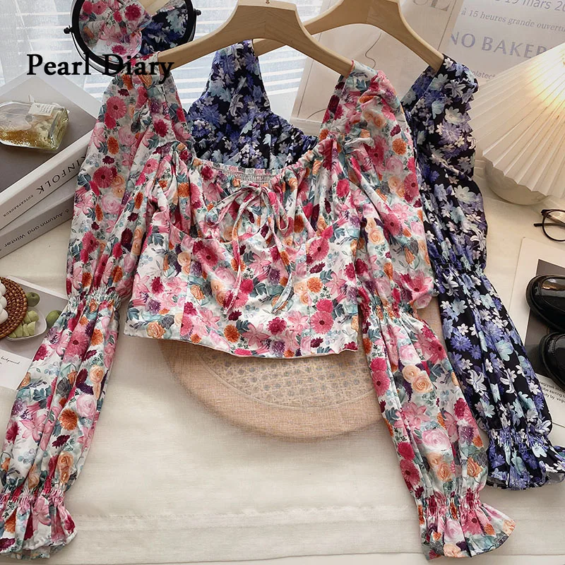 Pearl Diary Prairie Chic Small Floral Square Collar Shirt Women Shirring Frenulum Bowknot Tops Slim Thin Long Sleeve Top Women korea ins pink flash shell square loose leaf book shell transparent pvc gookaben idol star chaser account collage notebook diary