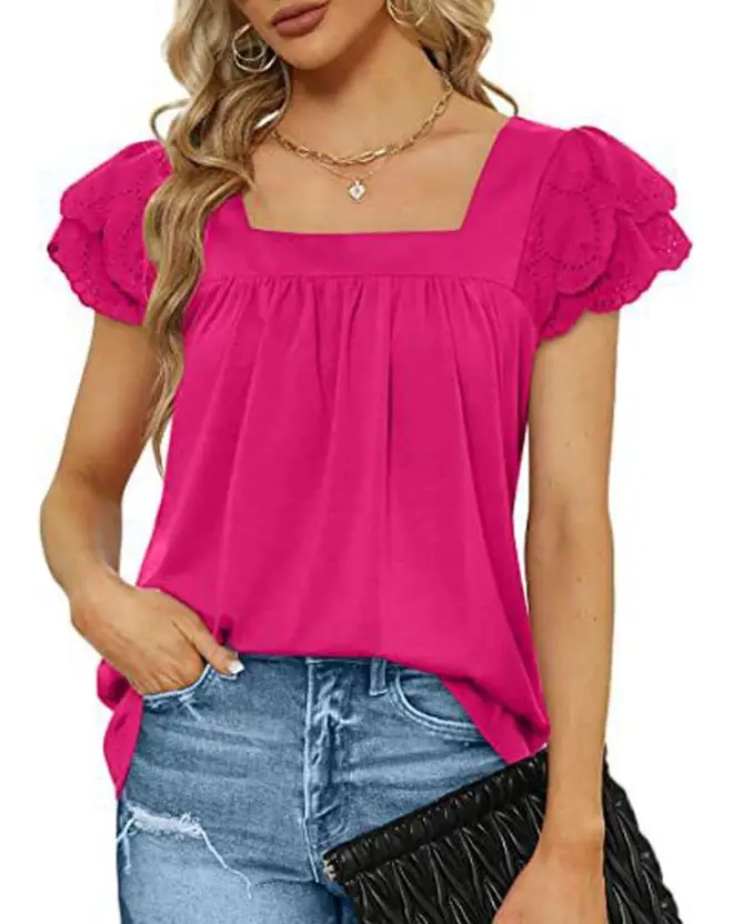 

Casual Top for Women Summer Outfits Sweet Ruffle Sleeve Ruched Top Versatile Clothing Square Neck Fashion Short Sleeve T-Shirt