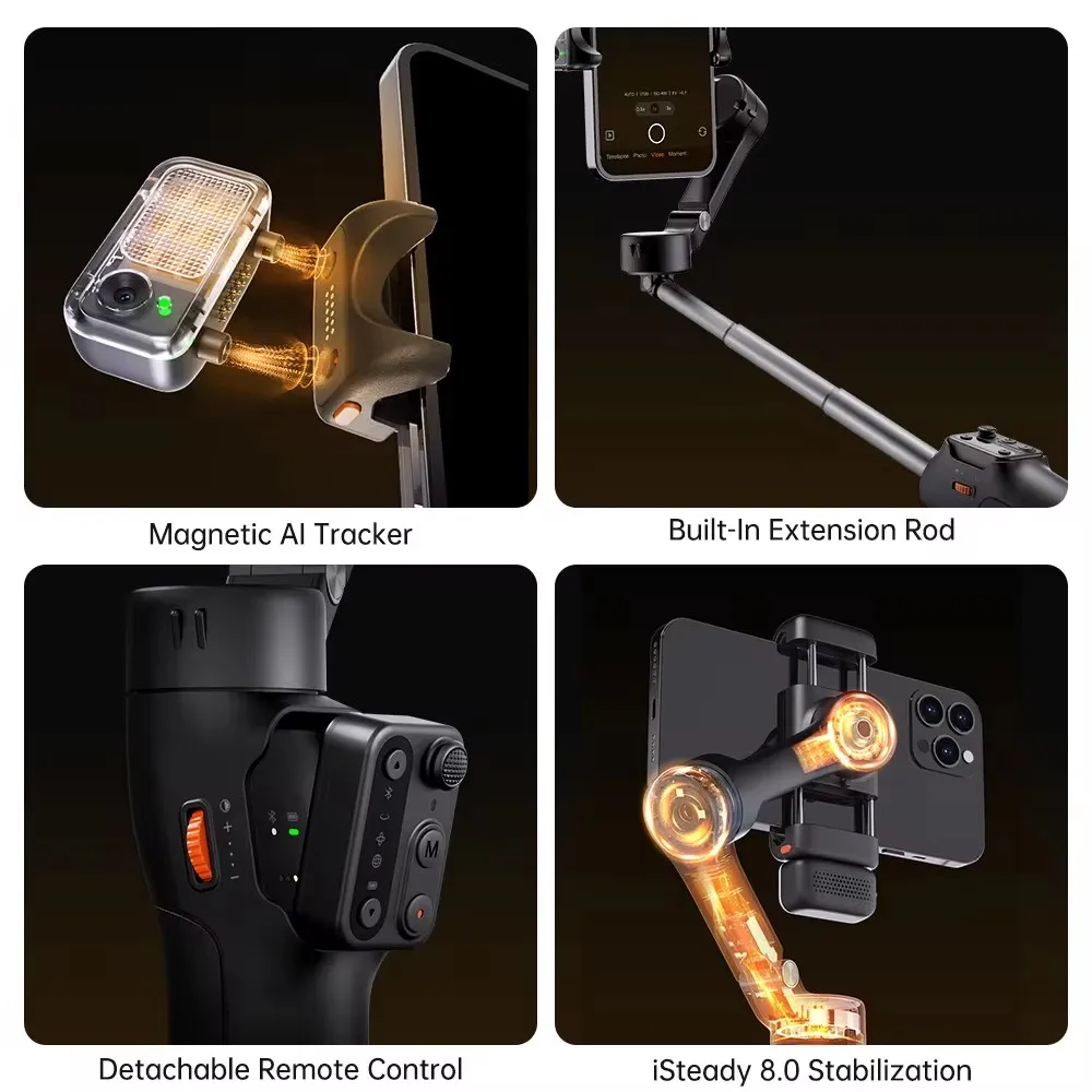 Hohem iSteady V3 Smartphone Stabilizer Ai Face Tracking 3-Axis Phone Gimbal Built-in Selfie Stick Portable for iPhone15/Samsung 4
