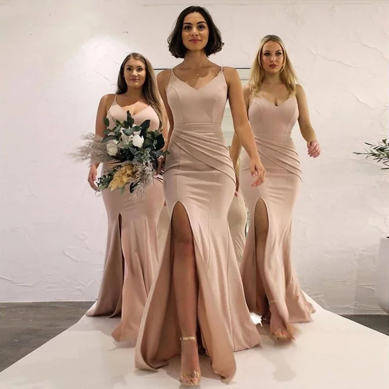 

On Zhu Champagne Mermaid Bridesmaid Dresses Long Sexy Slit V-neck Spaghetti Strap Pleat Maid Of Honor 2022 Wedding Party Dress