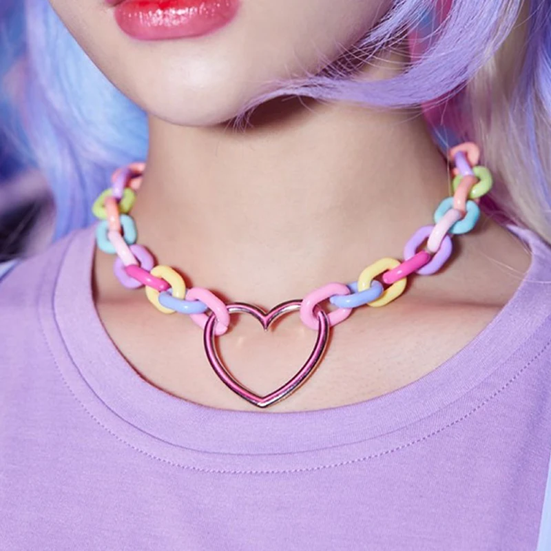 Kawaii Aesthetic Rainbow Chain Heart Pendant Necklace Korean