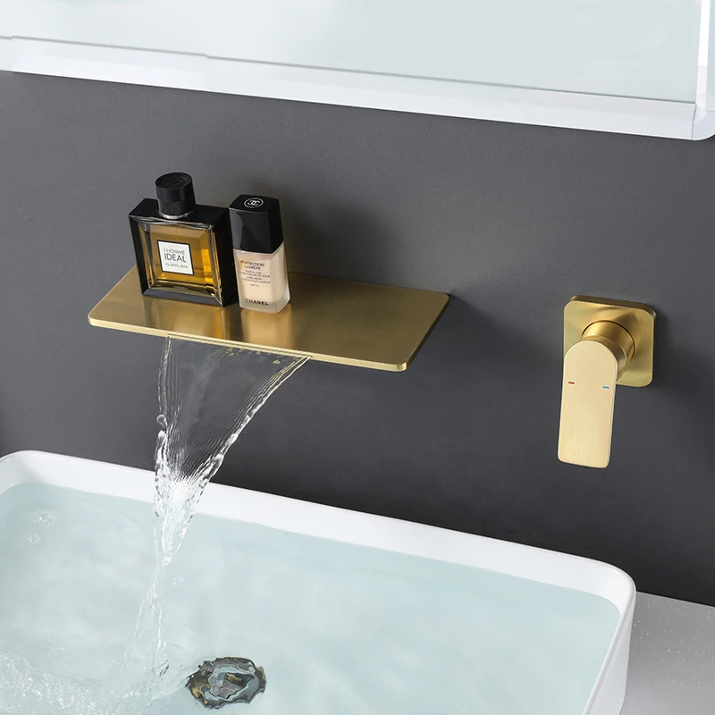 

Brushed Gold Solid Brass Basin Faucet Waterfall Output Hot And Cold Water Wall Mount Split Independent Switch Basin Faucet