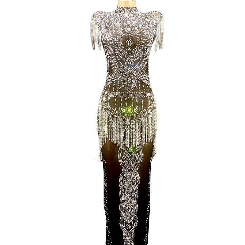 

Rhinestone Sexy Luxurious Silver Crystays Fringe Black Mesh Transparent Dress Birthday Stretch Costume