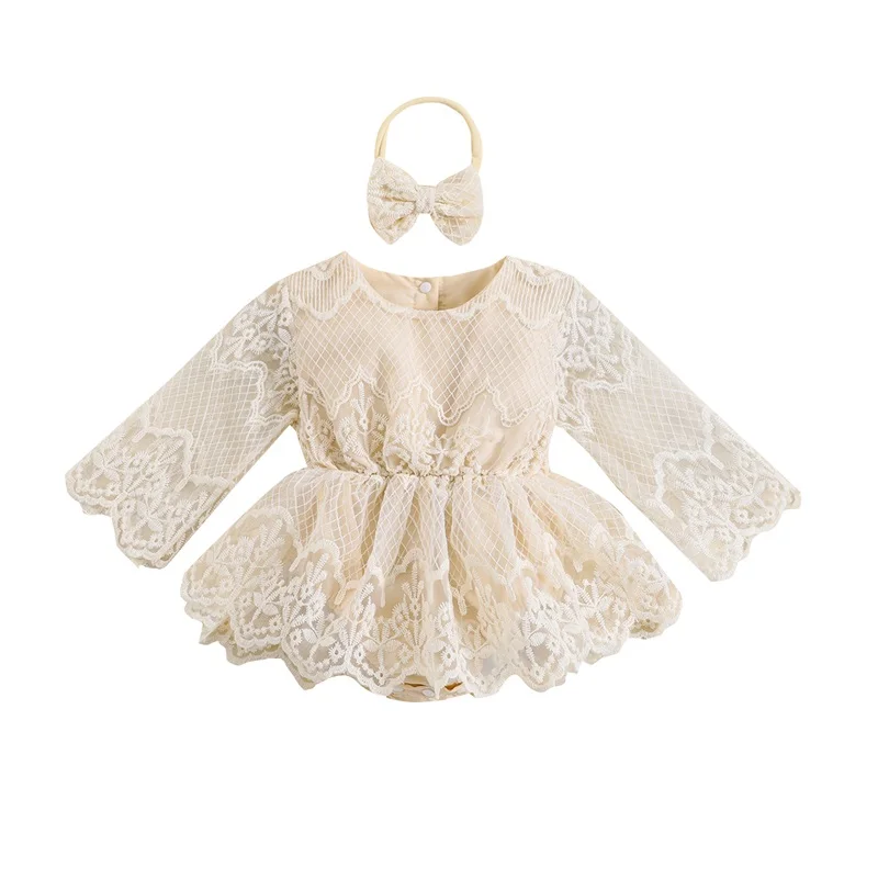 

Baby Girls 2 Piece Outfits Long Sleeves Floral Lace Romper Dress and Headband for Toddler Infant Fall Cute Clothes