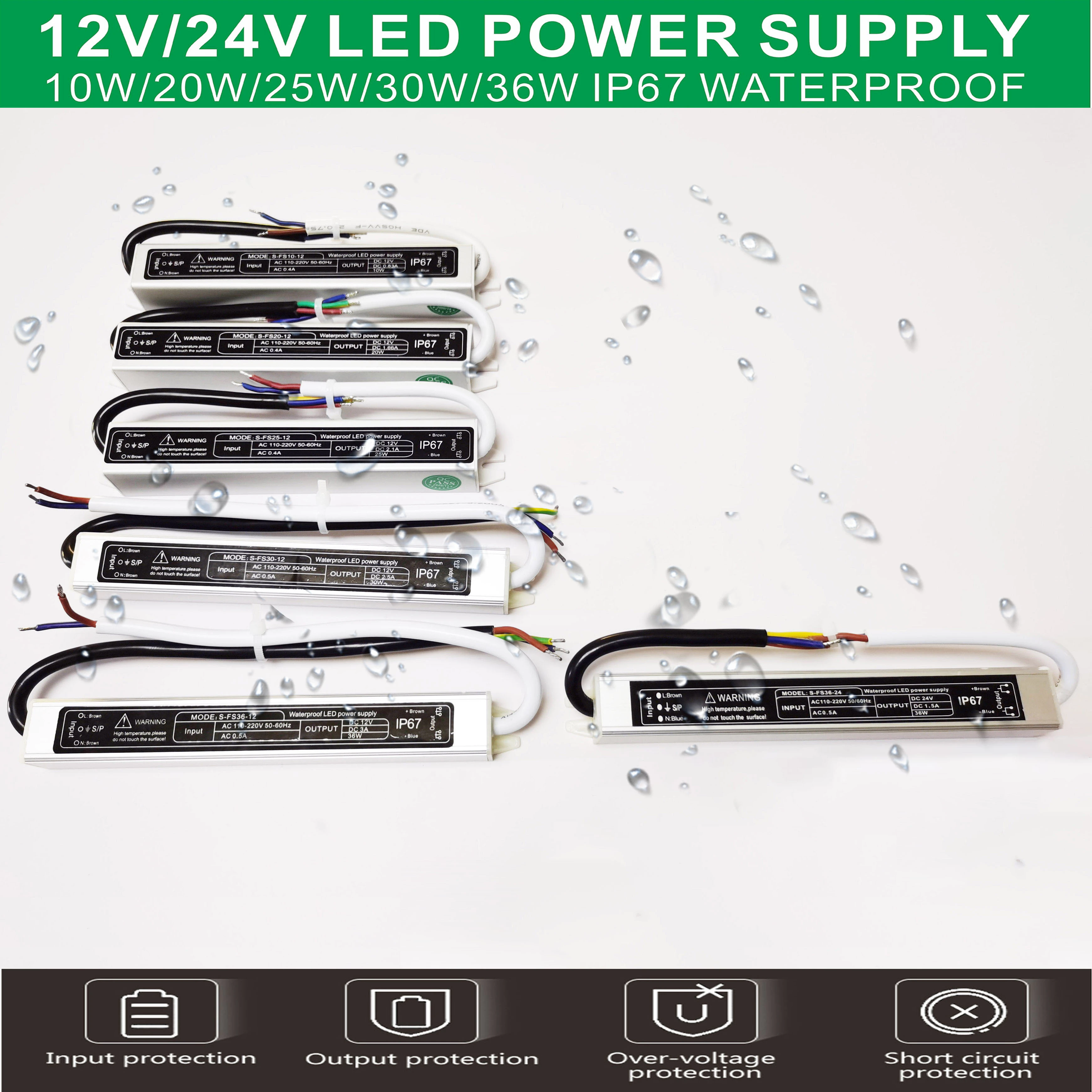 Waterproof LED Lighting Power Supply Input AC90 240V Output DC12V 24V