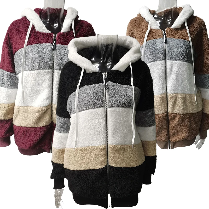 

Winter Warm Plush Zipper Pocket Hooded Splicing Coats Sweatshirt Clothes Casual Large Size Long Sleeve Preppy Sweet Hoodies