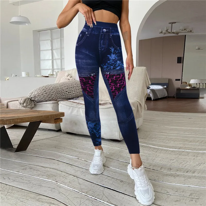 Jean Look Leggings For Women High Waist Tummy Control With Back Pockets,  Denim Printed Fake Jean Leggings, Seamless