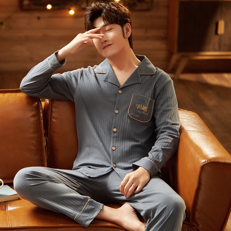 Pajamas Men's Knitted Cotton Long Sleeved Lapel Cardigan Plus Size Student Leisure Home Clothes Two-piece Set Can Be Worn Out