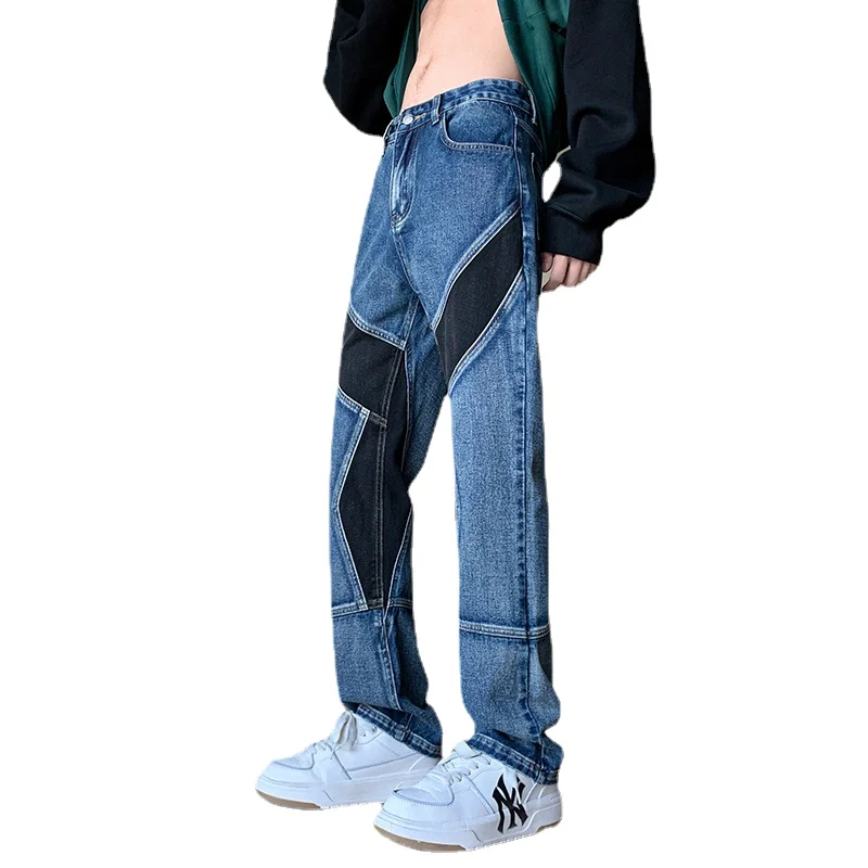 

Men's Straight Patchwork Jeans Pants High Street Plus Size M-5XL