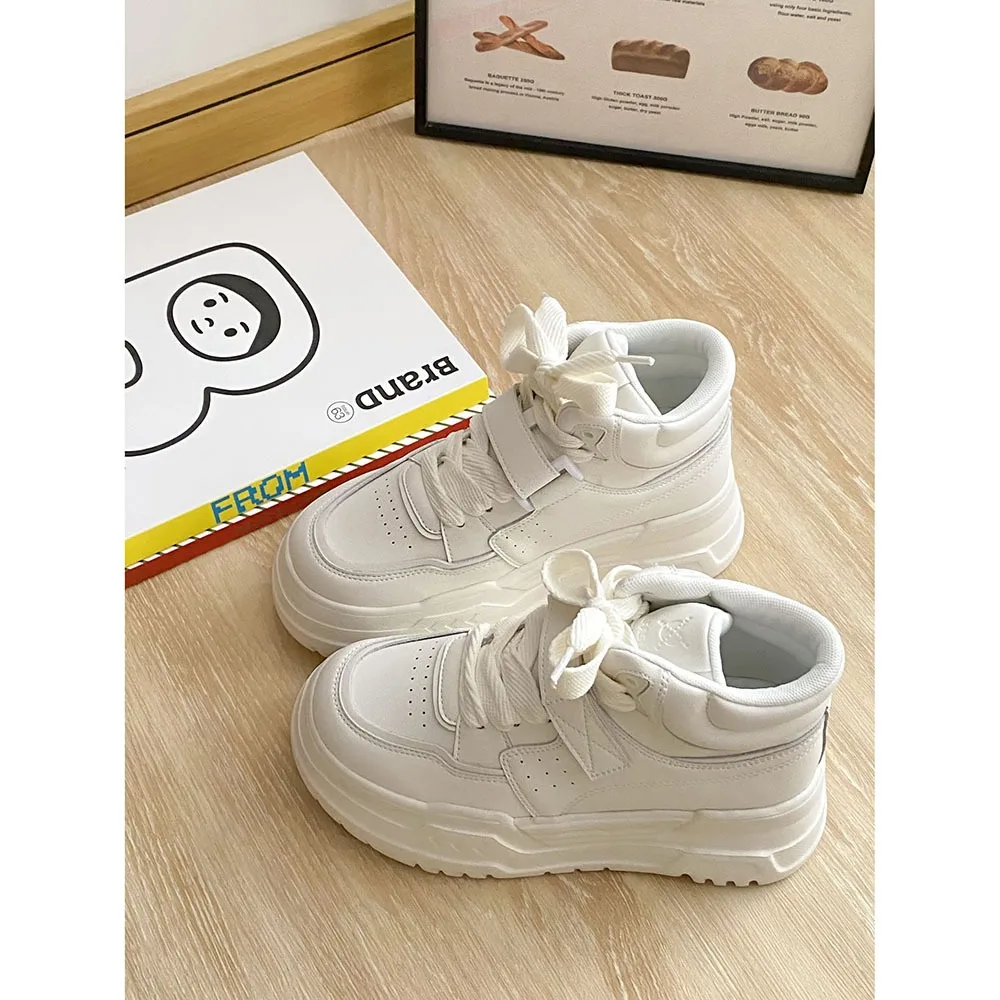 Leather High 6cm Thick Sole Women Casual Shoes Spring High Rise Thick Sole Sports Shoes Lace-up Mixed Colors Women Shoes 24-160