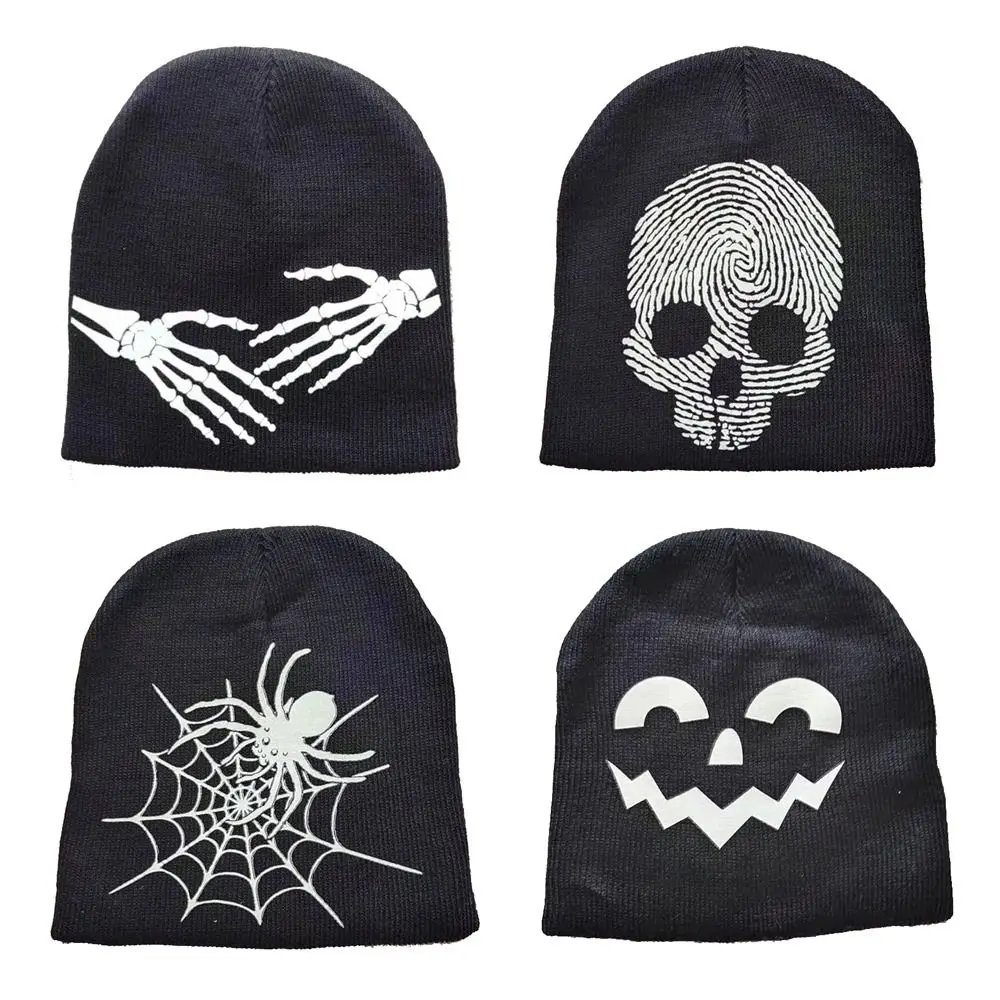 

Luminous Beanie Hat Hundred Take Gothic Spider Web Skullies Beanies Winter Warm Knitting Caps Men Women