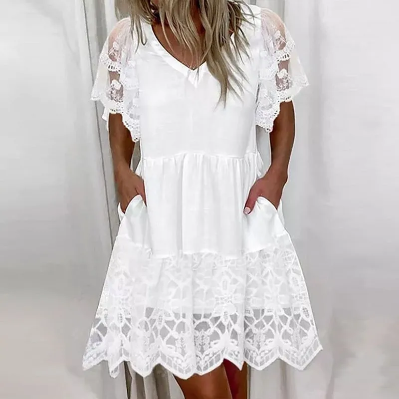 

European and American spring/summer 2023 fashion new cotton V-neck lace short sleeves casual elegant women's dress