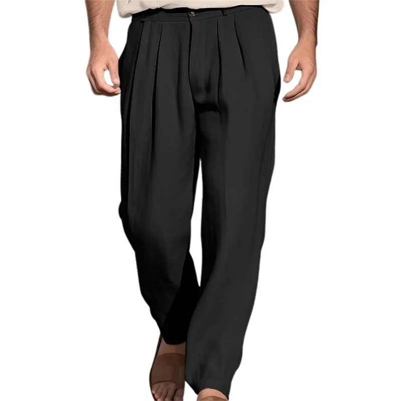 Men s Relaxed Fit Drawstring Waist Pleated Front Beach Pants with Wide Legs and Mid Rise Casual Long Trousers