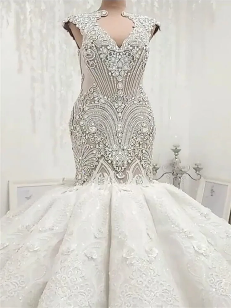 

Luxury Heavy Handwork Crystals Beads Mermaid Wedding Dresses Court Train Vestido De Noiva Open Back Lace Appliques Bridal Gowns