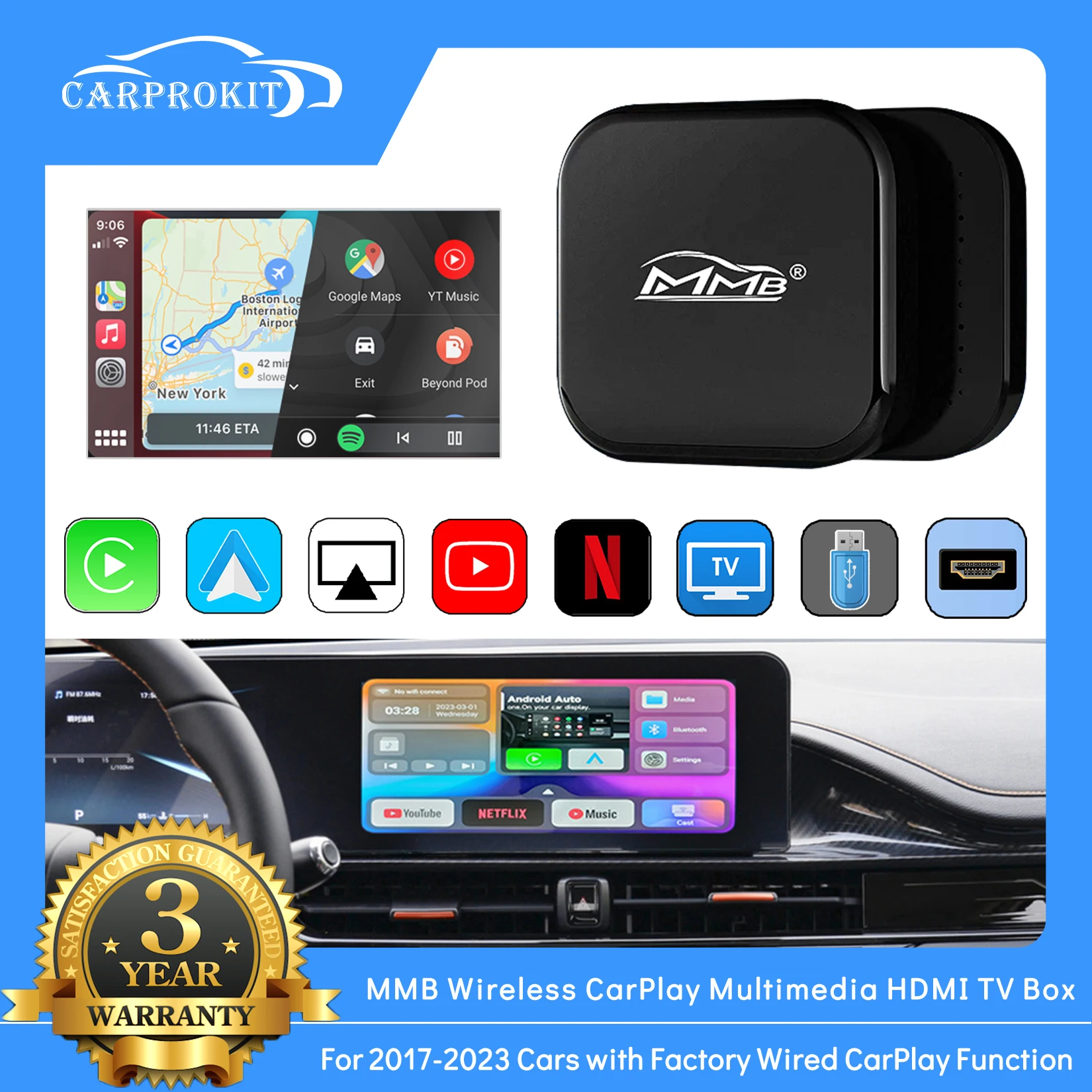 

MMB Wireless CarPlay Android Auto YouTube Netflix TV HDMI AI Box for 2017-2023 Honda Toyota Chevy with OEM Factory Wired CarPlay