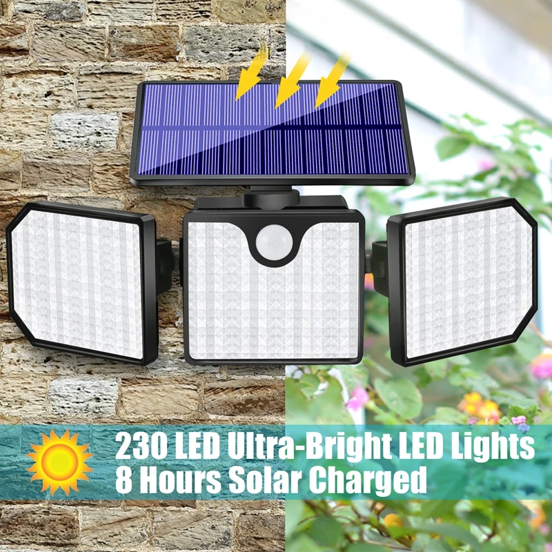 Description Picture 5 of item230 LED Super Bright Solar Led Wall Lights for Outdoor Garden External Solar Lamp 360° Adjustable 3 Heads Motion Sensor Lights
