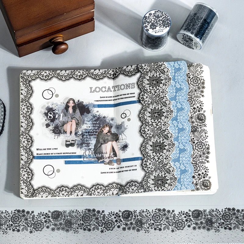 55mm*2m Black White Lace PET Tapes DIY Scrapbooking Junk Journal Aesthetics Decor Diary Collage Masking Tape Stationery Supplies 6